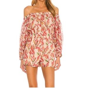 Lovers + Friends Bosworth Emory Tropical Print Tank Tan Red Floral Romper S NWOT